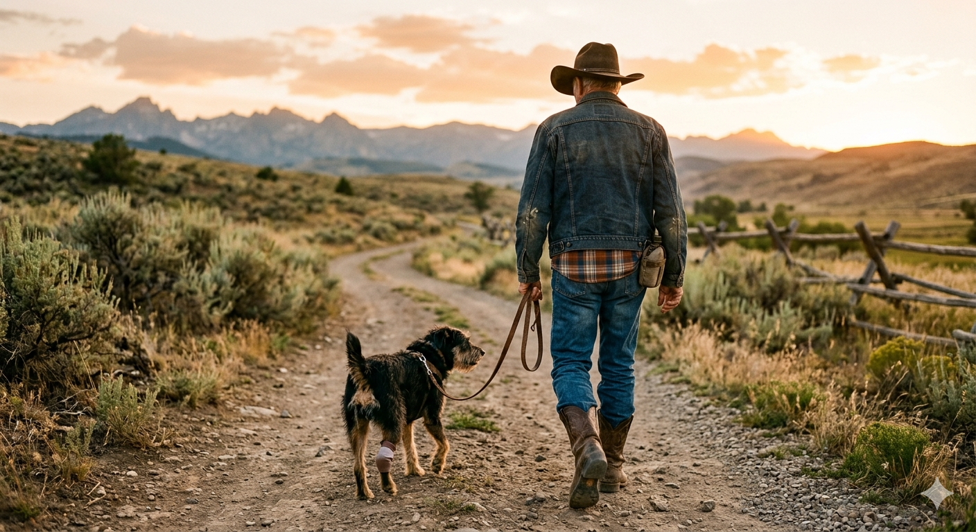 Anne Carl walking a dog in a Wyoming landscape